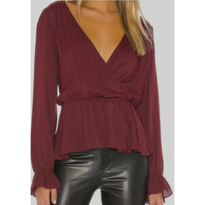 Bobi Black Wine Eggplant Faux Wrap Peplum Blouse Ruffle Sleeve Deep V-Neck S